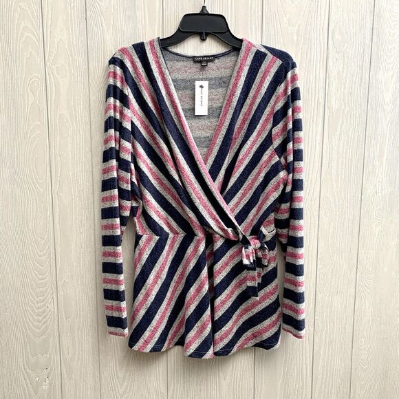 Lane Bryant Gray Blue Pink Stripe V-Neck Long Sleeve Top 14/16 NWT - Picture 1 of 5